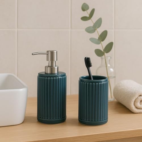 Image of Ceramic Bathroom Set of 2 | Soap Dispenser 330ml & Toothbrush Holder | Premium Green Solid Strip Design | Modern Sink, Washbasin & Vanity Accessories | Green