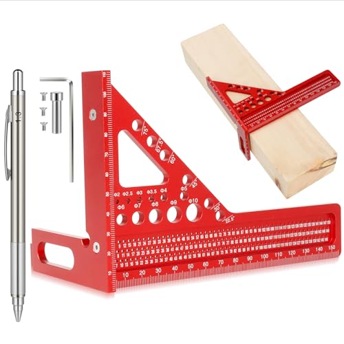 Beslands 3D Gehrungswinkel Zimmermannswinkel, Multifunktionales Messlineal aus Aluminiumlegierung, Hochpräziser Winkelmesser (22.5-90°), Anreißlineal&Bohrführung für Tischler, Ingenieure&Heimwerker