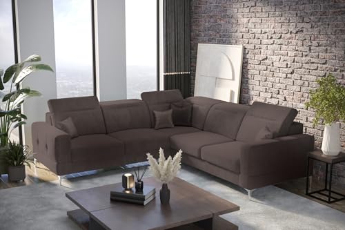 Friderik Sofá esquinero Malibu Max 250 x 250 cm con función de dormir, tejido Terra, reposacabezas y reposabrazos ajustables (marrón, izquierda)