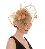 SAFERIN Fascinator Feather Mesh Net Veil Party Hat Flower Derby Hat with Clip and Hairband for Women (TA1-Large Size Khaki Feather Mesh)