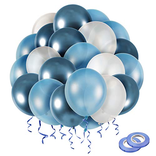 Blue Balloons 12" Party Balloons Blue and White Latex Balloons Birthday Balloons Baby Shower Balloons Wedding Balloons 60 Pcs Pack-White,Pearl Blue,Metallic Blue Balloons with Ribbon