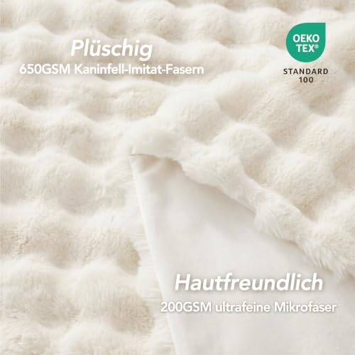 L'AGRATY Kunstkaninchenfell-Decke: 130x160cm Luxuriöse, weiche, Flauschige, Dicke Fellwurfdecke für Couch, Bett, Sofa - Gemütliche, plüschige Blasendecken mit Warmer Flanell-Fleece (Cremeweiß) – Bild 5