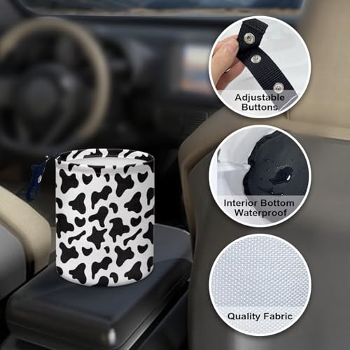 Image of Renewold Waterproof Car Trash Can, Fashion Cow Print Black White, Collapsible Garbage Bin with Button Strap, Storage Organizer Bag, SUV Van Sedan Truck Accessories for Men and Women