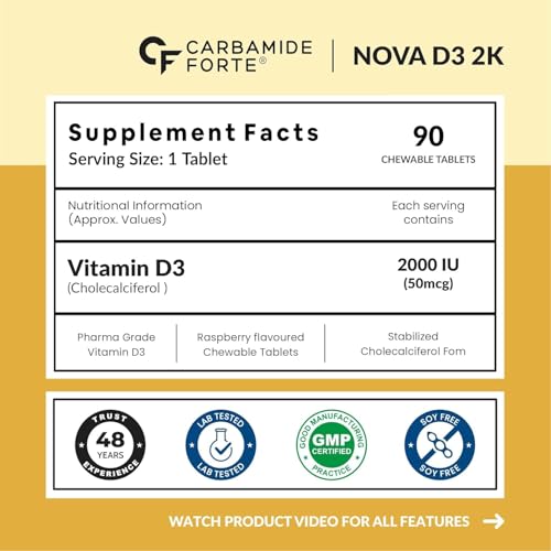 Image of Carbamide Forte Vitamin D3 2000IU | Vitamin D Tablets | D3 supplement - Cholecalciferol for Bone & Immune Health | Vitamin D3 Tablets for Women & Men | Raspberry Flavour - 90 Tablets