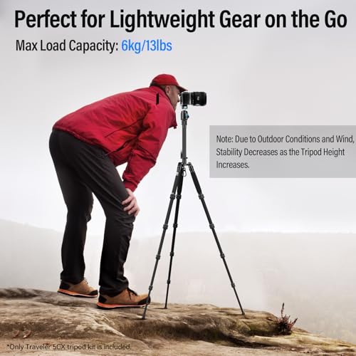 SIRUI Lightweight Carbon Fiber Travel Tripod, 52" Compact Camera Tripod with 360°Ball Head Kit, Detachable Center Column, Max Load 13.23lbs/6kg, Traveler 5CX