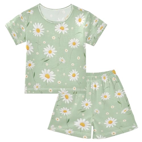 White Daisy Flowers Pattern Kids Pjs Set Boys Girls Summer Short-Sleeve Sleepwear Pajamas 2PCS