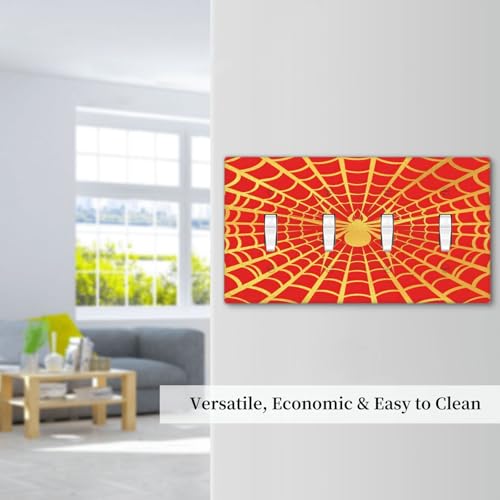 Decorative Switch Plate Covers Red Background with Golden Spiderweb Spider 4 Gang Light Switch Cover Plate Quad Toggle Wall Plate Light Switch Covers for Bedroom Home Decor