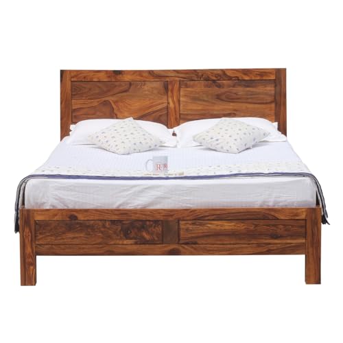 Image of Classic Panel Sheesham Wood Queen Size Bed Without Storage | Wooden Queen Size Double Bed Cot for Bedroom Furniture | Modern Palang Bed for Home & Hotels | Honey Finish