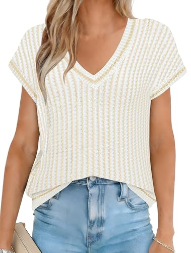 Image of SAUKOLE Summer Crochet Tops for Women Fashion Striped Casual Cap Sleeve Shirts Loose Knit Sweater Vest