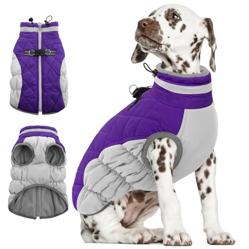 Image of AOFITEE Dog Coat, Warm Dog Jackets for Small Dogs, Dogs Winter Coat with Harness Built in, Reflective Pet Winter Jacket, Waterproof Windproof Puppy Puffer Jacket Fleece Vest, Purple XS