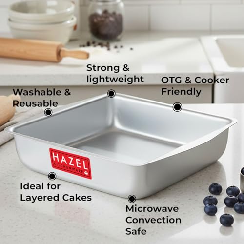 Image of HAZEL Square Cake Mould Tin | Aluminium Cake Pan for Microwave Convection & OTG Oven | 800ml Baking Tray Cake Making Tool