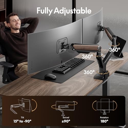 Image of FlexiSpot Monitor Stand, Heavy Duty Dual Monitor Arm for Ultrawide Screen up to 39 inch and 44 Lbs, Adjustable Gas Spring Arm with C Clamp & Grommet Base for Gaming Office, 75 /100 VESA Mount, Wood Grain