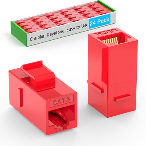 Image of Sokqovt CAT6 RJ45 Keystone Coupler (24 Pack), Cat6 Keystone Jack Female to Female, Cat 6 Inline Keystone Jacks for Wall Plate & Patch Panel, RJ45 Ethernet Coupler Red