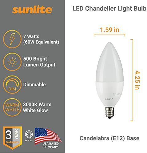 Miniatura 2 de Sunlite Bombilla LED B11 con punta de torpedo esmerilada, 7 vatios (equivalente a 60 W) 500 lúmenes, base de candelabro E12, regulable, certificado