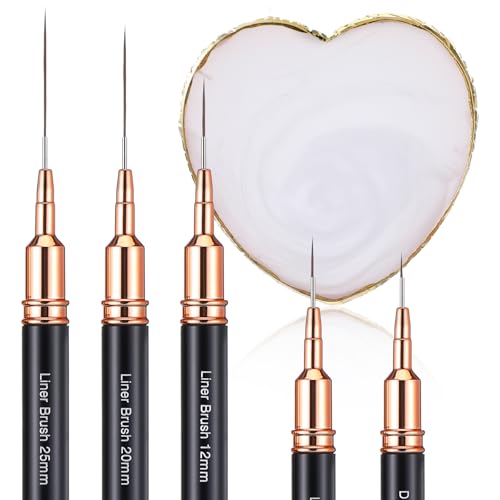 Lot de 5 pinceaux métalliques pour nail art avec palette de mélange pour ongles - Outil de dessin pour les lignes longues - Pinceau fin - Pinceau pour vernis...