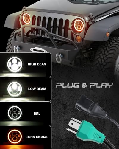 Image of 7 Inch Round LED Halo Headlights with Switchback Adapter for Amber Turn Signal White DRL Compatible with 2007-2017 Jeep Wrangler JK JKU- Black