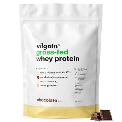 Vilgain Grass-Fed Whey Protein Powder Chocolate 1000g | 22.5g Protein per Serving | British Sourced | Naturally Sweetened with Stevia