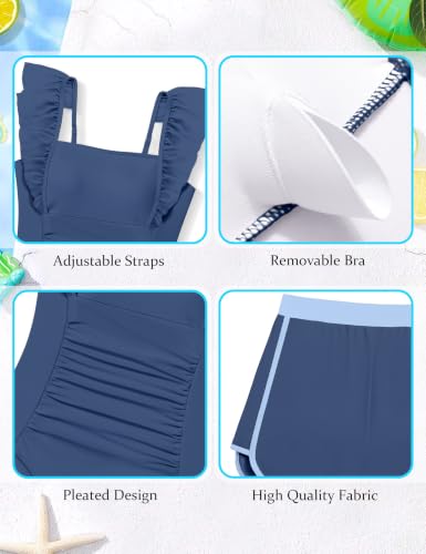 Image of NECIOUS Girls Swimsuit Ruffle Adjustable Straps One Piece Bathing Suit Solid Color Ruched Girls' Swimwear 9-16Y