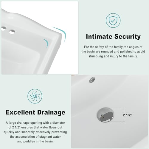 Bathroom Pedestal Sink, 26 Inch x 22 Inch Rectangular Ceramic Basin with 3 Faucet Holes (4 Inch Centerset), Ideal for Family Bathrooms