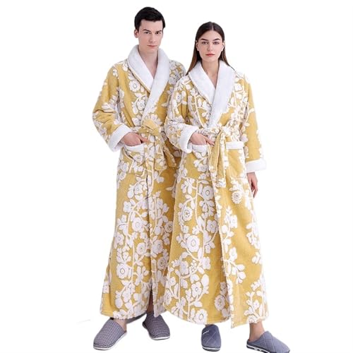 Albornoz Mujer Bata gruesa de doble capa de Jacquard for hombre y mujer, ropa de dormir, camisón cálido de invierno, albornoces de lana Coral, lencería, 1 unidad Adecuado para mujeres, baño(Yellow Uni