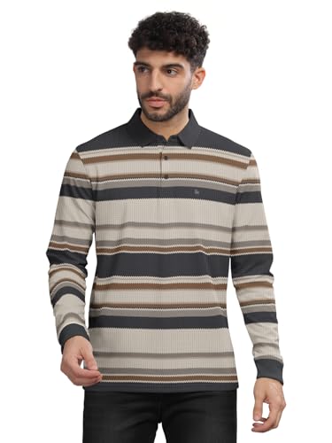 Image of BULLMER Striped Textured Printed Polo Neck Fullsleeve T-Shirt with Rib for Men