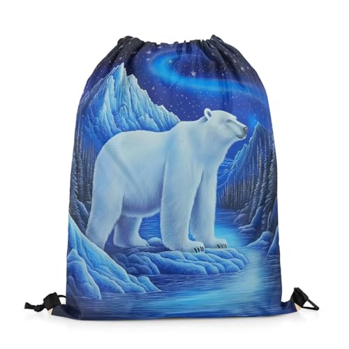 Castle Fairy Polar Bear Drawstring Backpack,Iceberg Snow Mountain Drawstring Bag,Aurora Starry Galaxy Adjustable Draw String Bag,Lightweight