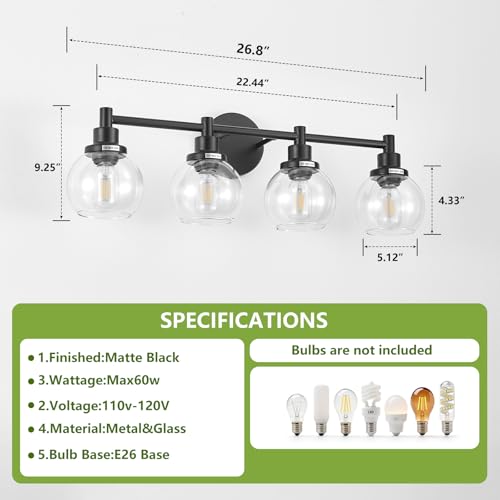 Image of 4-Light Bathroom Light Fixture Black Vanity Lights Over Mirror Modern Wall Sconce Farmhouse Vintage Bathroom Vanity Lighting with Glass Shade for Bedroom Hallway Cabinet Bathroom
