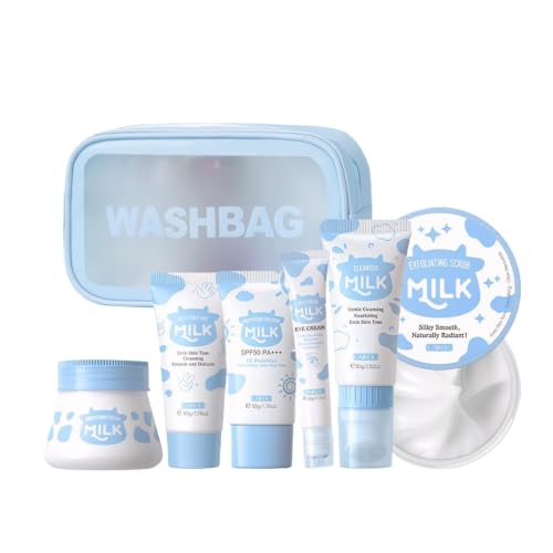 FEXPDL 7 Piece Milk Skin Care Sets & Kits Kids Skin Care Products Milk Protein Skincare Gifts For Teenage Girls Skincare Set With Cleanser Eye Cream Moisturizer Sunscreen Brightening Cream