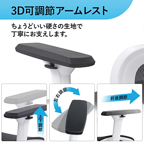 KERDOM 全面メッシュチェア ワークチェア オフィスチェア リクライニングチェア 人間工学椅子 デスクチェア テレワーク 3Dアームレスト 可動式ヘッドレスト ロッキング 360度回転 多機能 通気性 事務 おしゃれ ホワイト KD968ZK-White [4]