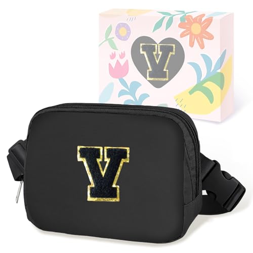 Image of COSHAYSOO Valentines Birthday Initial Gifts for Teen Boys 5 6 7 8 9 10 11 12 13 14 Year Old Black Fanny Pack for Women Belt Bag Crossbody Travel Purse Monogrammed Unique Trendy Stuff Chenille Letter V