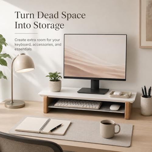 Image of Deskvue 36 inch Single Monitor Desk Shelf | with ONE SMALL Aluminum Under-Shelf | Medium Monitor Riser | Office Desk Storage | Grovemade Inspired | MATTE WHITE