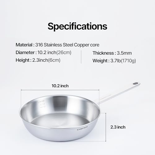 Image of 10.2 Inch Skillet Frying Pan 316 Stainless Steel Copper core 5-Ply Induction compatible Dishwasher & Oven Safe