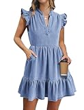 Fengbay Denim Dresses for Women UK, Ladies Puff Short Sleeve Casual Jean Dress Square Neck Denim Dresses with Pockets