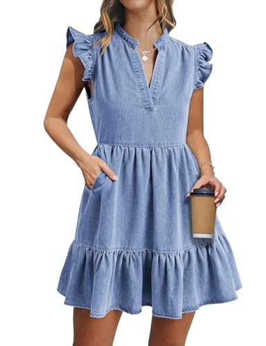 Image of POTILI Denim Dress for Women Mini Jean Dress with Pockets | Ruffle Sleeve, V-neck, Two Side Pockets