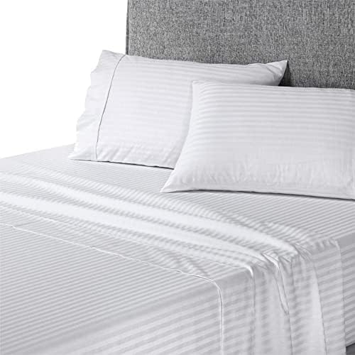 Classic Luxurious 1CM Satin Stripe Bedsheet Set - Soft, Organic, Elegant, Softest and Coziest 3-Piece Sheet Sets! - 280 Thread Count Cotton Quality Luxurious Wrinkle Resistant, Double White-image-24