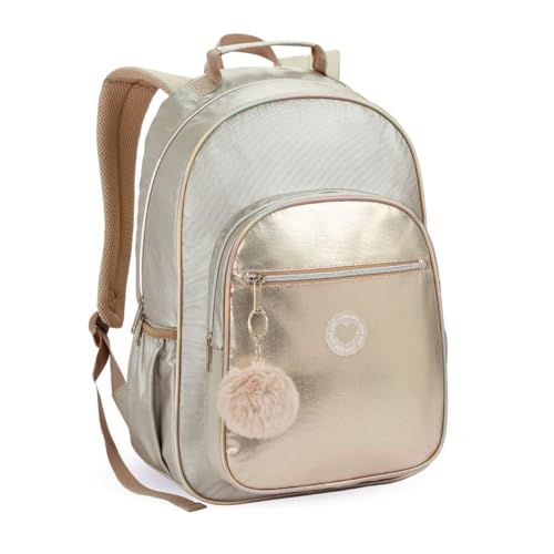 Mochila 3 Divisórias Escolar Dourada Metalizada Resistente Moderna Alça Reforçada Organização Kwaii