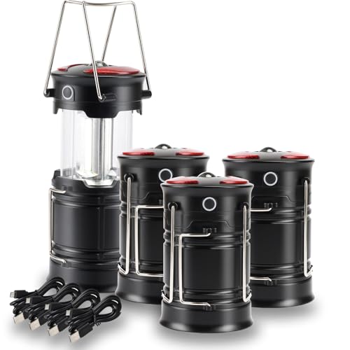Lichamp 4 Pack Camping Lanterns Rechargeable and Battery Powered, Dual Power Source and 4 Mode Lantern Flashlight COB Camp Light for Power Outages, Camping Supplies and Home Hurricane Supplies, E4BK