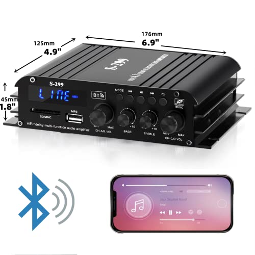 4.1-Kanal Verstärker, 1200W Mini HiFi Verstärker, Bluetooth 5.0 für Heimlautsprecher 40W x 4 + Active Subwoofer von 110-240V bis 12V mit USB TF Steckplatz MP3 Player mit Fernbedienung