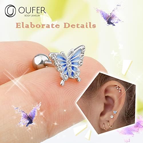 OUFER 16g Helix Piercing Conch Jewellery Tragus Studs Cartilage Blue Butterfly CZ Stainless Steel Upper Forward Helix Top Ear Earrings Lobe Ring Bar 1.2mm Women Gift