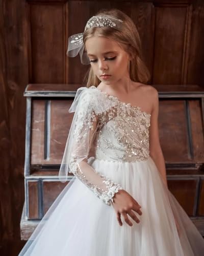 GZCYL One Shoulder Flower Girls Dresses Long Sleeves Lace Holy Communion Dress with Train2