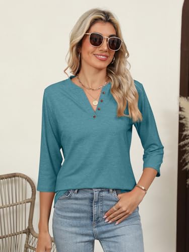 TICTICMIMI Women's V Neck 3/4 Sleeve Tops Casual Summer T Shirts Loose Fit Button Tunic Blouse3