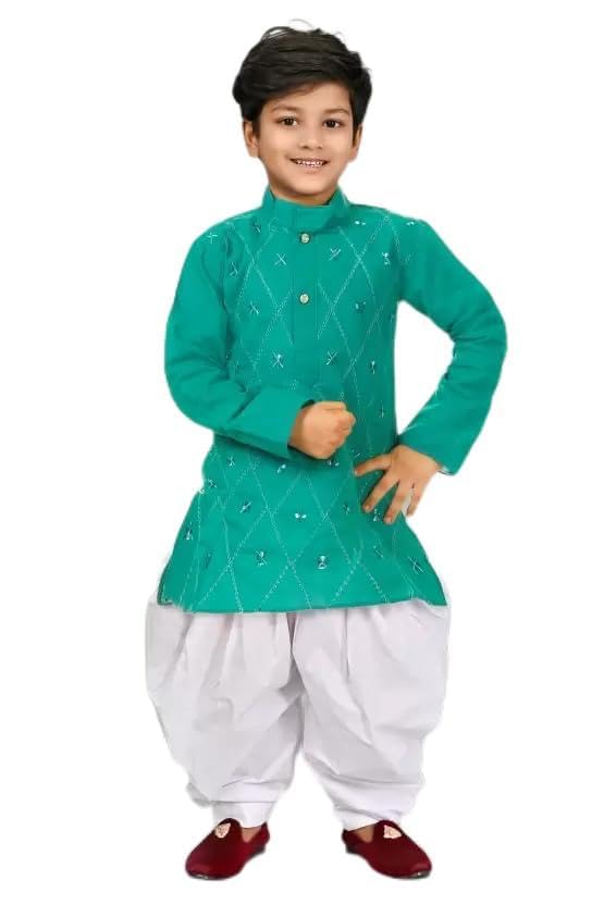 disson Kids Kurta Pyjama Set for Boys Indian Traditional Party Wear Bollywood Style Wedding Dress (Rama Green, 7-8 Year)