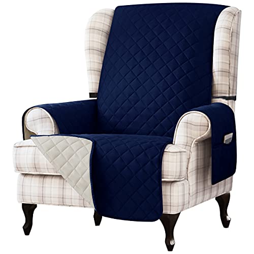 TOYABR Wing Chair Slipcover Wing Backed Chair Cover with Adjustable and Removable Strapï¼Œ1 Piece Wingback Chair Slipcover with Pocket Soft Durable Washable Furniture Protector (Wing Chair, Navy)