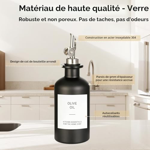 VINATO 2 Pièces Bouteille Huile Olive 500ml, Entonnoir1, Étiquettes18, Support en Bambou 1,Huilier En Verre Avec Bec Verseur Huile D'olive Pour Cuisine, Café Et Bar – vue 7
