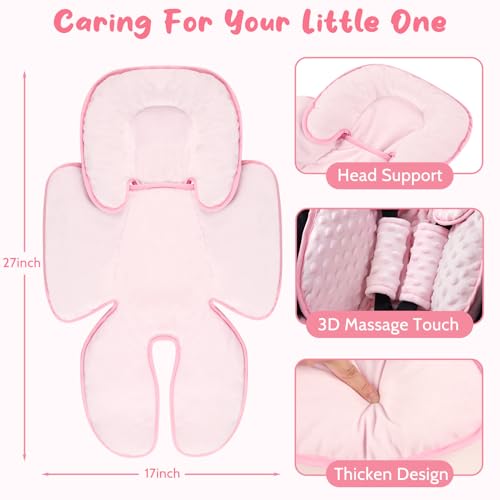 Image of 2 in 1 Infant Car Seat Insert Head and Body Support Set, Reversible Newborn Insert for Carseat with 3 Extra Strap Paddings, Soft Stroller Cushion Pillow Insert Girls, Fits for Stroller, Swing, Pink