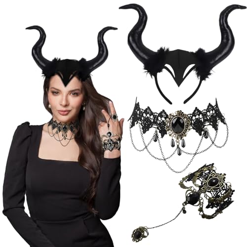 Shinybox Diadema de Cuernos de la Reina, 3 Piezas Diadema de Cuerno, Collar de Encaje y Pulseras, Diadema Negra, Halloween Cosplay Diadema Cuernos Malefica para Mascarada, Cosplay, Halloween