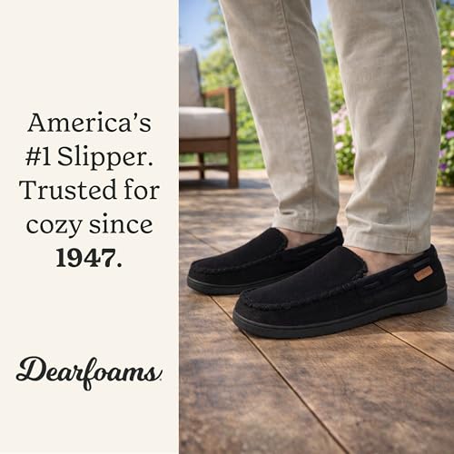 Image of Dearfoams Men's Keaton Moccasin House Shoes With Memory Foam, Indoor Slippers With Wide Widths