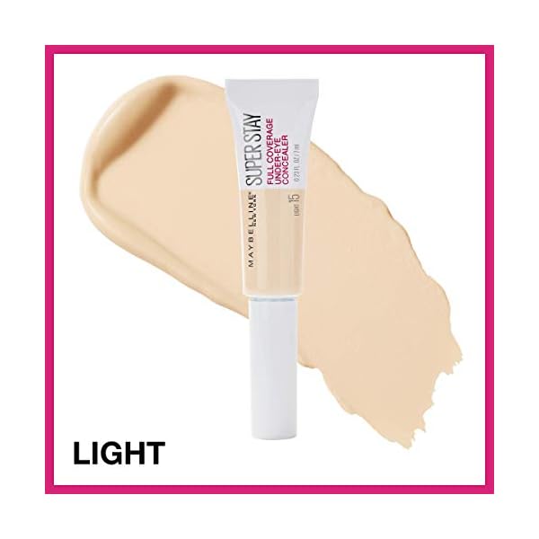 Maybelline New York Super Stay Full Coverage, Brightening, Long Lasting, Under Eye Concealer Liquid Makeup for up to 24H Wear, with Paddle Applicator, 15 Light, 0.23 Fl Oz