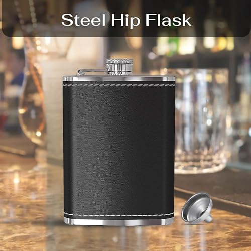 Image of Stainless Steel Hip Flask for Men & Women 8oz (236ml) - Whisky Flask Vodka Alcoholic Liquor Holder with Funnel Drinks Pocket Carrying Case - Leakproof Travel Flasks for Drinks, (Black Leather)