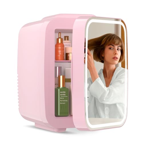 Skincare Fridge with Dimmable LED Light Mirror,4 Liter/6 Can Mini...